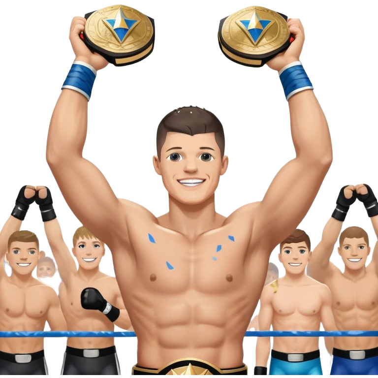 Cody Rhodes, with a beaming smile and tears of joy, holds a championship belt aloft, his muscular arms raised in triumph, as confetti rains down around him. emoji