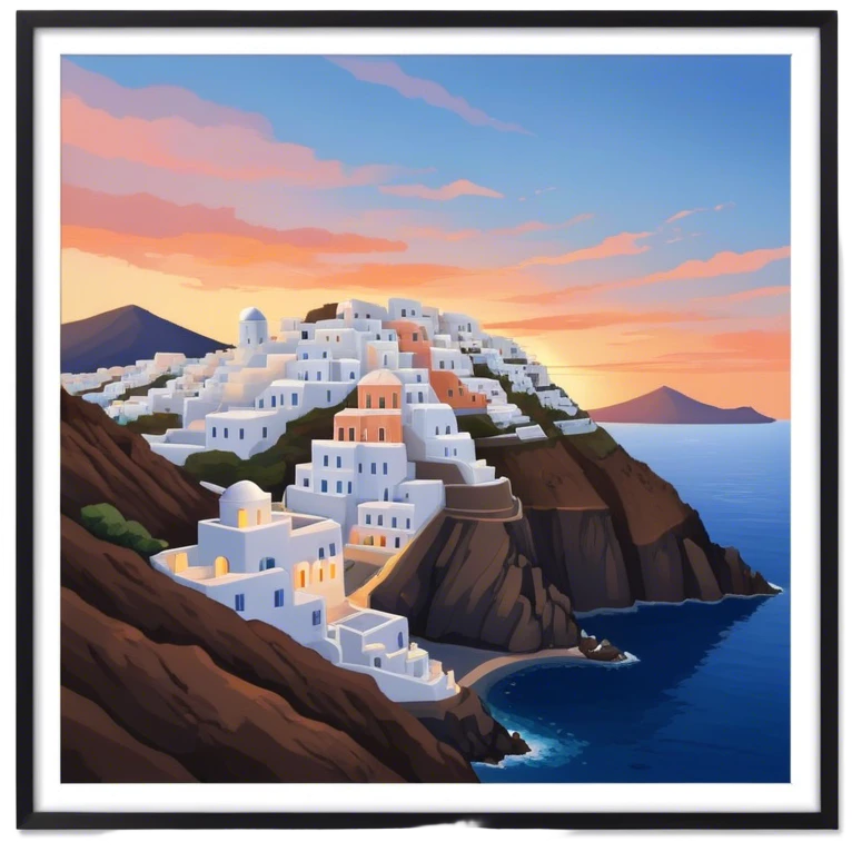 Cinematic Realistic Santorini Caldera Landmark Emoji, featuring white-washed buildings perched on volcanic cliffs, overlooking the deep blue Aegean Sea, with warm sunset hues illuminating the sky and reflecting off the water. emoji