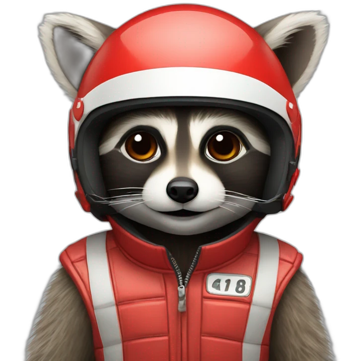 raccoon with a red formula 1 helmet on emoji
