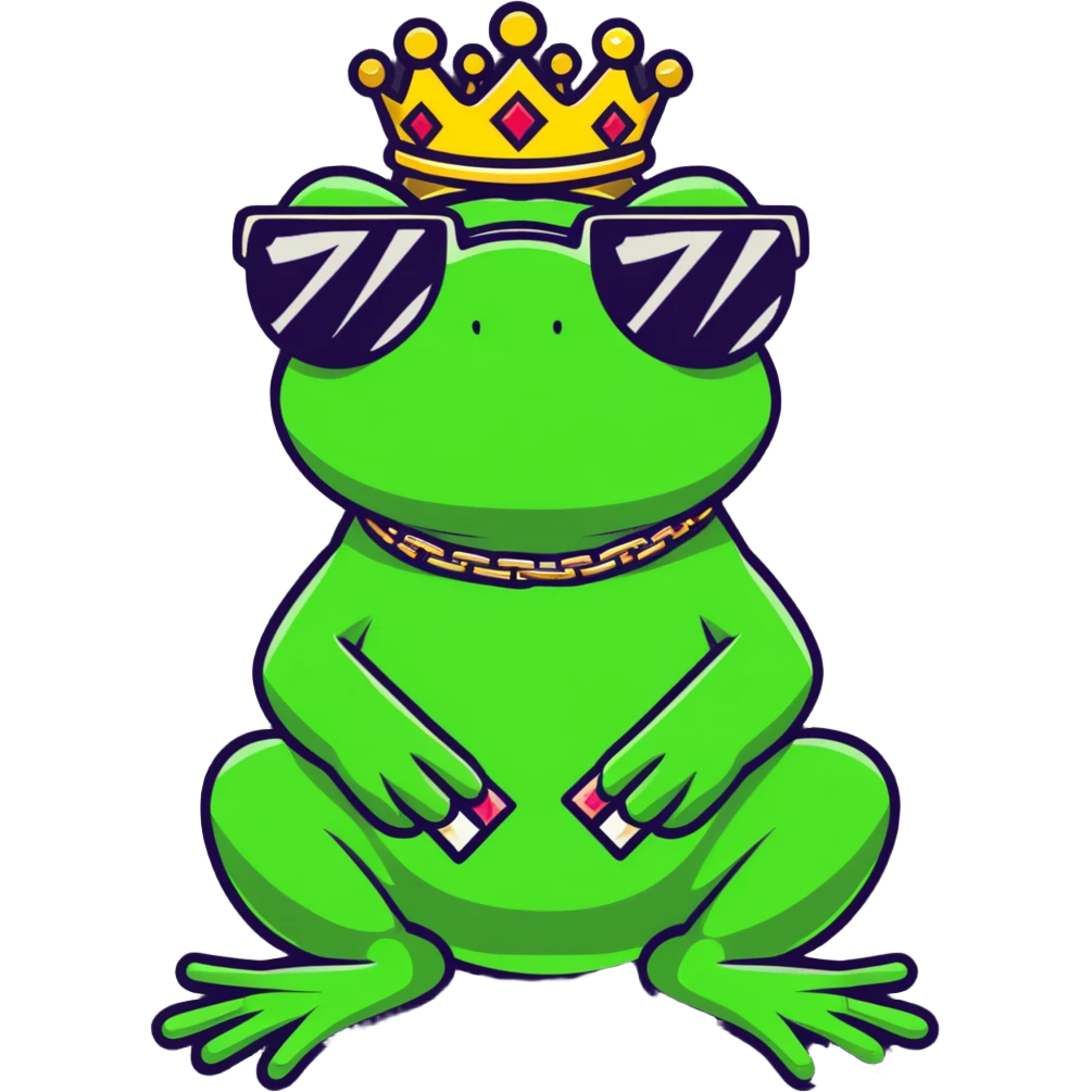 gangster frog wearing a gold crown smoking a blunt, cool sunglasses, gold chain emoji