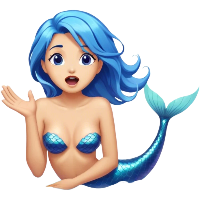 Cinematic Realistic Blue Hair Mermaid Portrait, head tilted slightly with a dramatic, wide-open yawn, revealing a tender, relaxed visage with intricately detailed, tanned skin and vibrant, cascading blue hair softly billowing around her. Her dreamy eyes exude a serene, aquatic charm, rendered with gentle underwater lighting and a soft, high-shine finish that captures the essence of a drowsy yet captivating mermaid drifting into tropical slumber. emoji