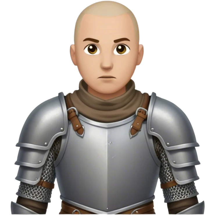 medieval battle armor worn by a DnD themed fantasy character. basic full plate cuirass with leather straps and a chainmail coif. armor only above the waist. The armor full waist. The character's haven't arms. character is shaved head gray eyes scarred face light-skinned man. emoji