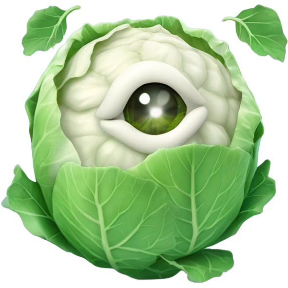Create a 3D "White colored cabbage" with a surprised face and big shiny eyes 👀. one green leaf, white colored copta holds the mirror with its reflection 🪞 emoji