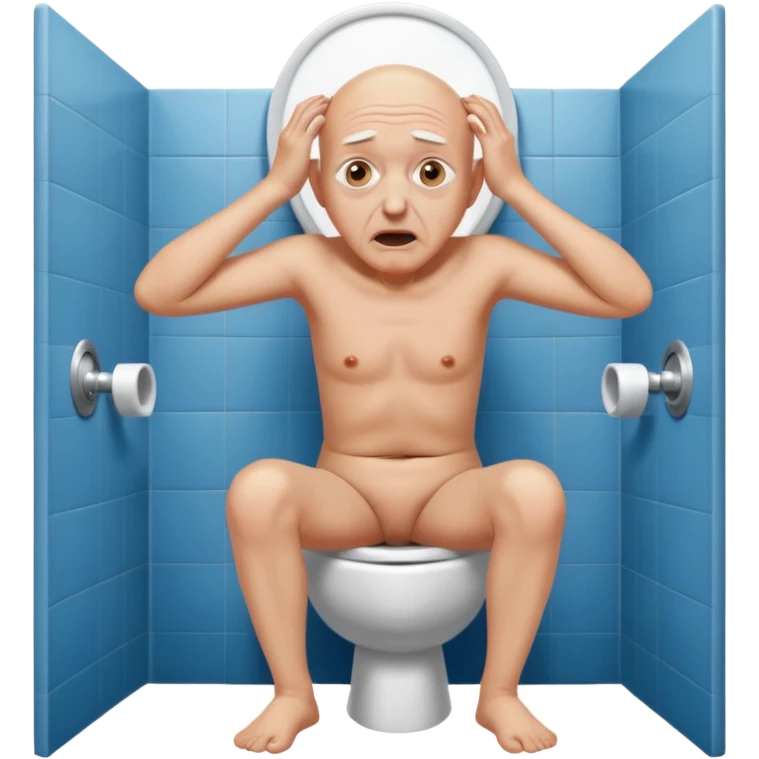 A bald person who’s very old is staring, he’s inside a toilet and his head is upright and looking at the camera with very wide eyes and his hands are putting pressure on his head, very scared expression and he’s twerking emoji