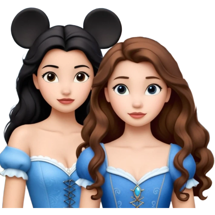 Quiero que crees una imagen donde este el castillo de Disney y por detrás o delante pon a 4 chicas: una con el pelo largo rizado marrón , otra con el pelo muy corto negro, como un chico, otra con el pelo mediano liso marrón con ojos azulesy otra con el pelo negro largo liso . Todos son color carne emoji