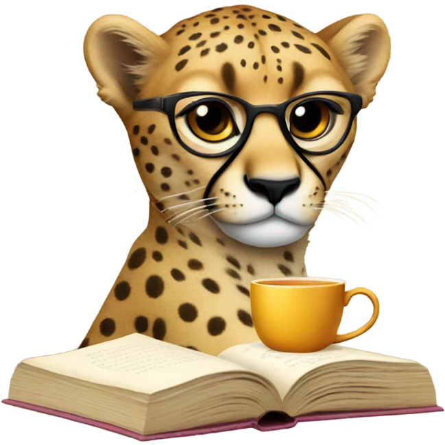 Cheetah with glasses tea and a book emoji