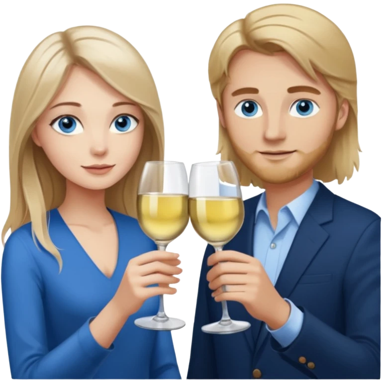 A woman with blue eyes and long balayage brown blond hair and a man with blue eyes and light brown hair, they toast to each other with a glass of white wine.  emoji