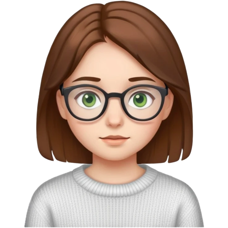 a girl of about 14 years old in a white sweater with brown hair, gray-green eyes and glasses emoji