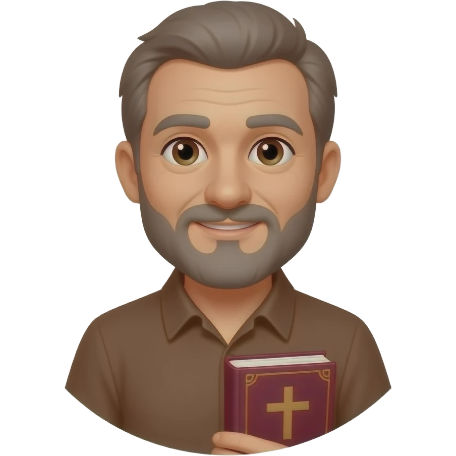 wise old man with grey brown hair no collar brown shirt slight smile brown eyes beard with burgundy book that has a cross on it no circle emoji