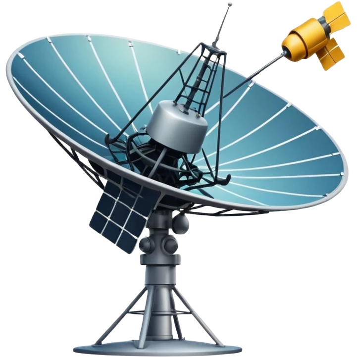 Minimalist emoji-style sticker of an old-school satellite antenna with distorted, glitched signal waves. Clean icon style. emoji