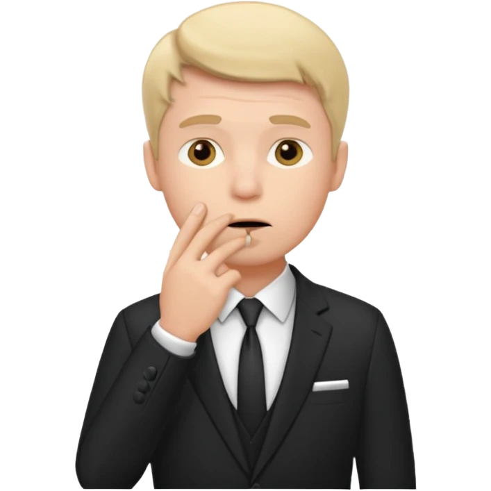 white man in formal suit thinking, hand on mouth emoji