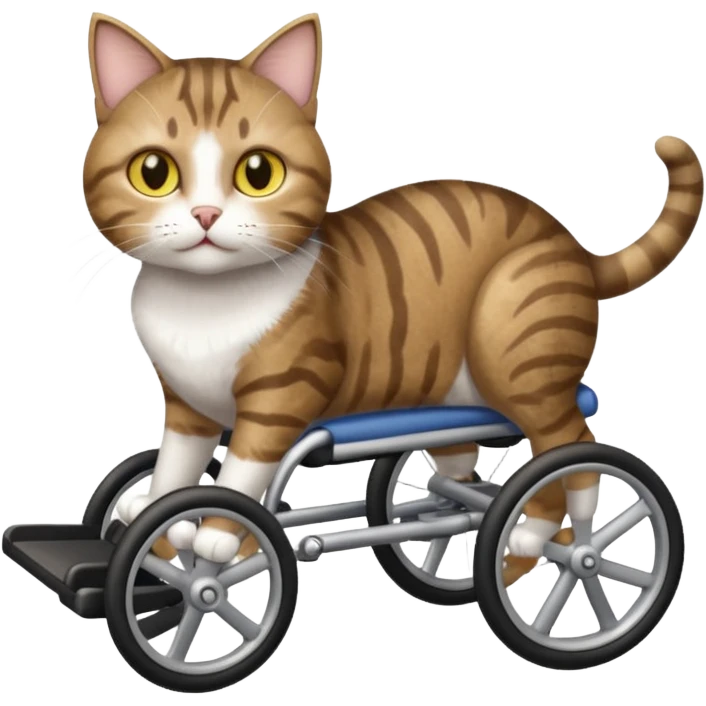 disabled brown tabby and white cat using cat wheelchair emoji
