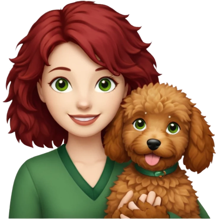Girl with dark red hair green eyes holding a beige goldendoodle emoji