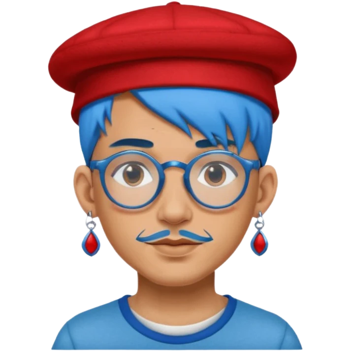 unique looking tourist with big unique red tourist felt hat and earrings, man with lots of tattoes and spectacles, blue hair showing emoji