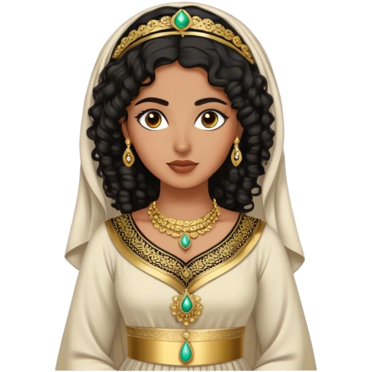 Godly beautiful Palestinian woman , with curly hair and defined eyeliner, and traditional thoob dress, gold accessories  emoji