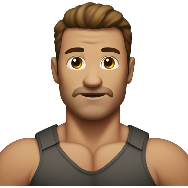 muscular man with no facial hair, large arms, brown hair which is long in the front and parted in the middle emoji