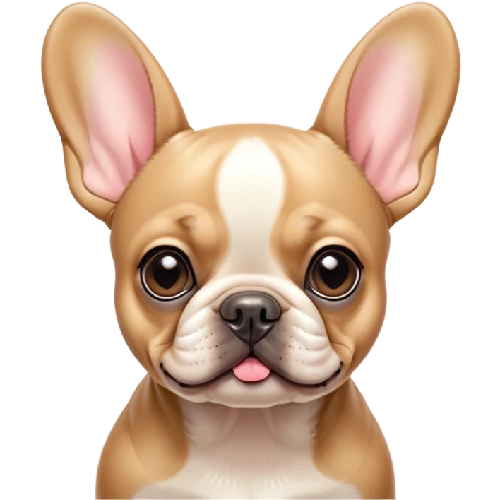 Cinematic Cute Fawn French Bulldog Portrait Emoji, Head tilted playfully and inquisitively, featuring a glossy fawn coat with a smooth texture, round, sparkling dark eyes filled with curiosity, Simplified yet irresistibly adorable features, highly detailed, glowing with a warm, friendly glow, high shine, affectionate and lively, stylized with a touch of whimsy, bright and endearing, soft glowing outline, capturing the essence of a mischievous yet loving companion, so playful it feels like it could prance out of the screen and into your arms! emoji