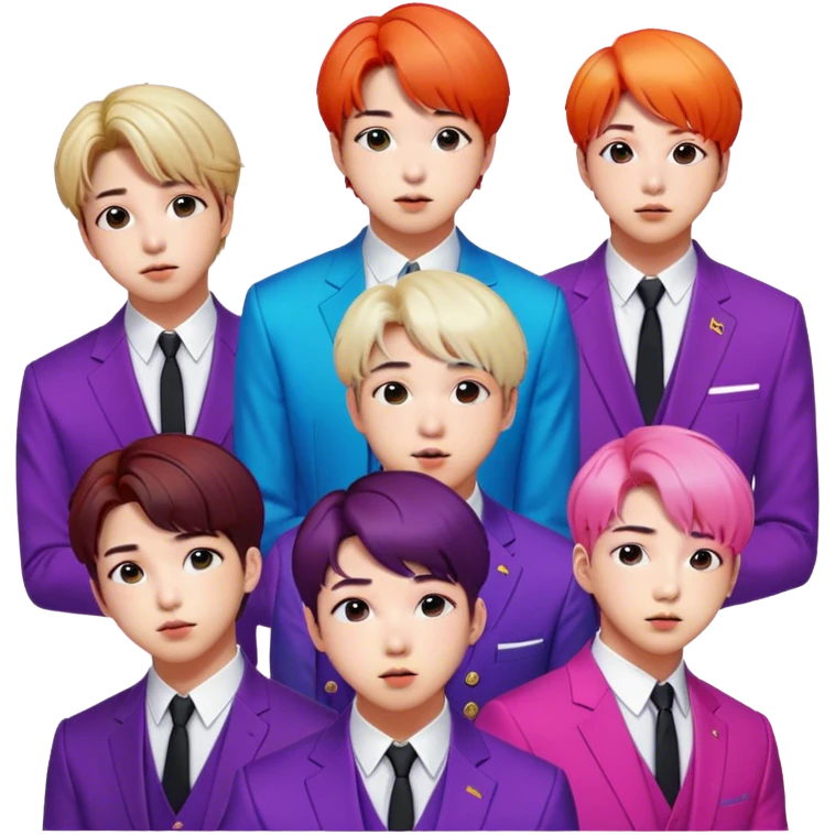 Cinematic Realistic group portrait of BTS featuring all 7 members in stylish modern attire, with detailed facial expressions and vibrant colors, captured in dynamic, contemporary lighting that emphasizes their global pop icon status emoji
