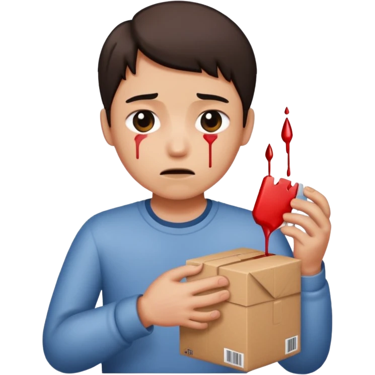 Generate a realistic emoji of a package being unpacked and the person is sad because they got hurt by the package emoji