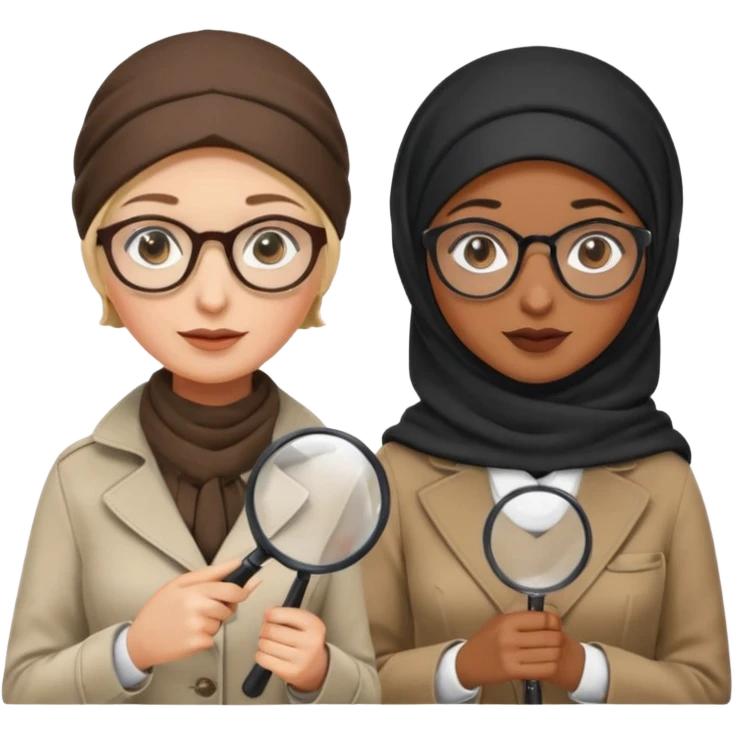 one white woman with hijab and glasses detective + one black woman without hijab and glasses detective  hand lens in one hand, hat etc emoji