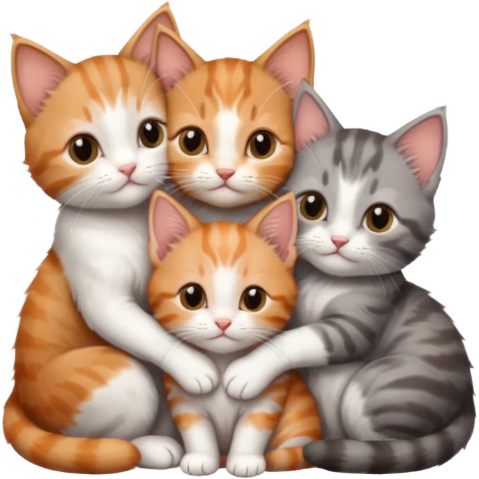 3 tiny kittens cuddling together all different colours, the first one is grey and white, the second is ginger and white and the third is brown tabby and white emoji
