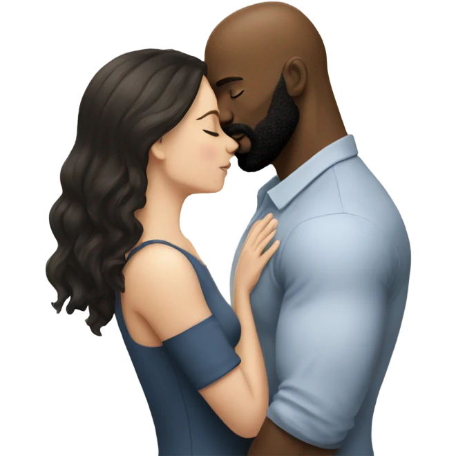 White brunette kissing muscular black bald man with beard emoji
