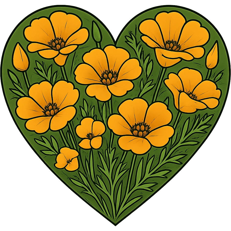 heart with a golden poppy meadow, clean digital illustration emoji