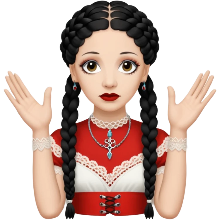 Lene Lovich as seen on the Stateless album cover with a typical symmetrical pose with her hands, lots of lace and braided hair emoji