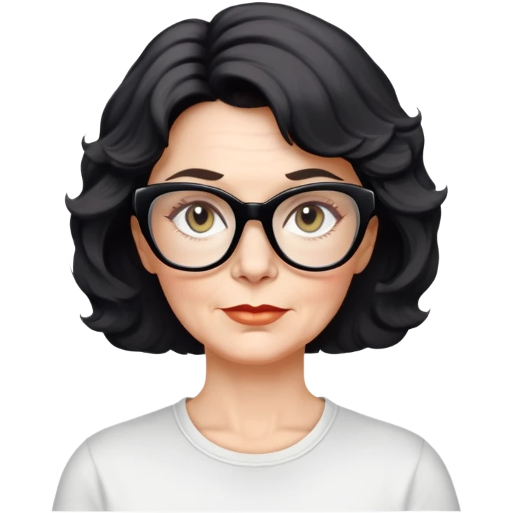 white woman about 50 years old with light warm skin, wavy black neck-length 80s short hair, neutral determined expression, large black shiny butterfly or cat-eye glasses, white casual t-shirt emoji