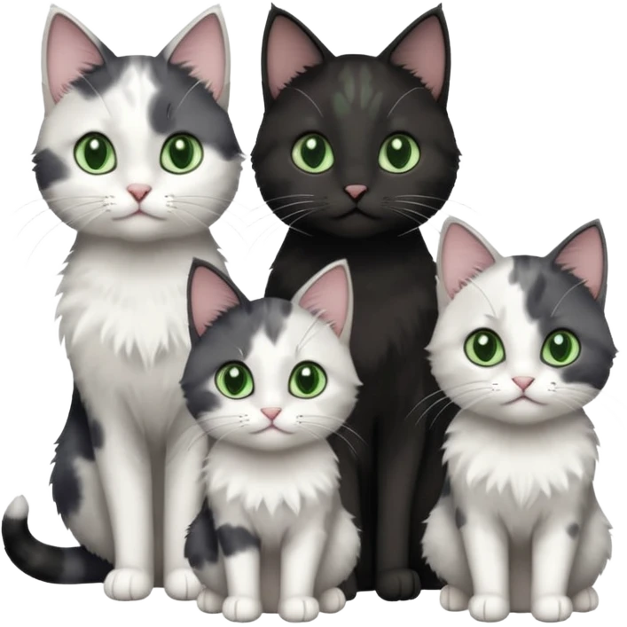 3 different coloured small cats including a dark grey and white, and a patchy calico and a completely solid dark grey with green eyes and only white paws emoji