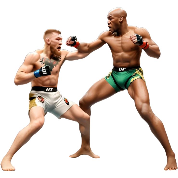 An MMA showdown between Conor McGregor and Anderson Silva in the octagon. McGregor is executing a jumping strike, while Silva skillfully deflects the attack. The background shows the UFC octagon with roaring fans and vibrant energy. Transparent background. emoji