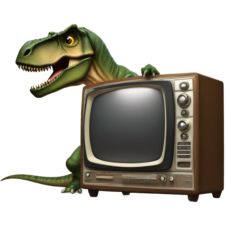 trex standing in aticipation behind a vintage TV set emoji