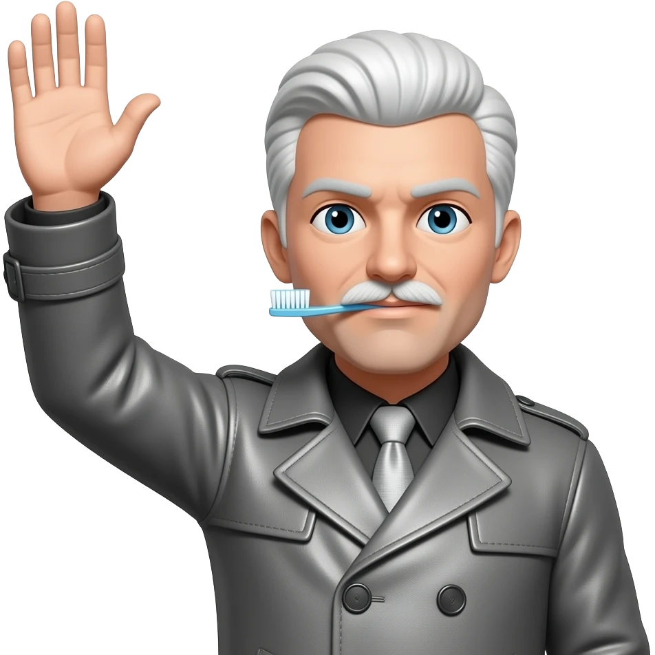 White male with slick hair a Toothbrush moustache with a grey leather coat raising his hand high emoji