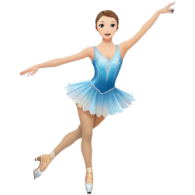 An icon featuring a graceful figure skater performing a spin on the ice. The background includes a grand ice rink palace with shining spotlights and cheering spectators in the stands. Transparent background highlights the elegance and artistry of figure skating emoji