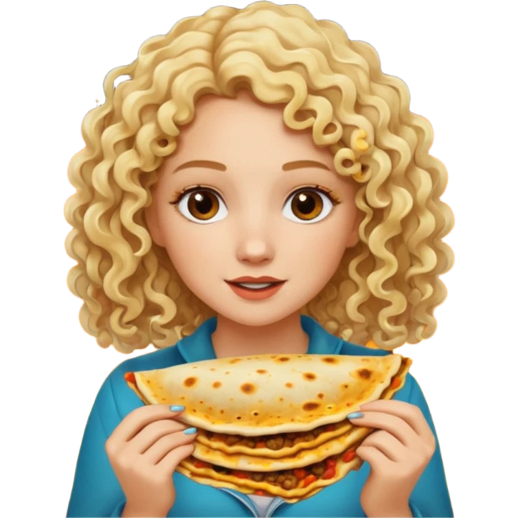mujer con pelo rubio rizado comiendo quesadillas quemadas. emoji