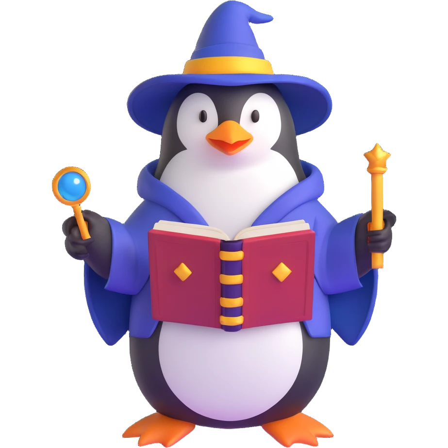 penguin wizard holding an open spellbook emoji
