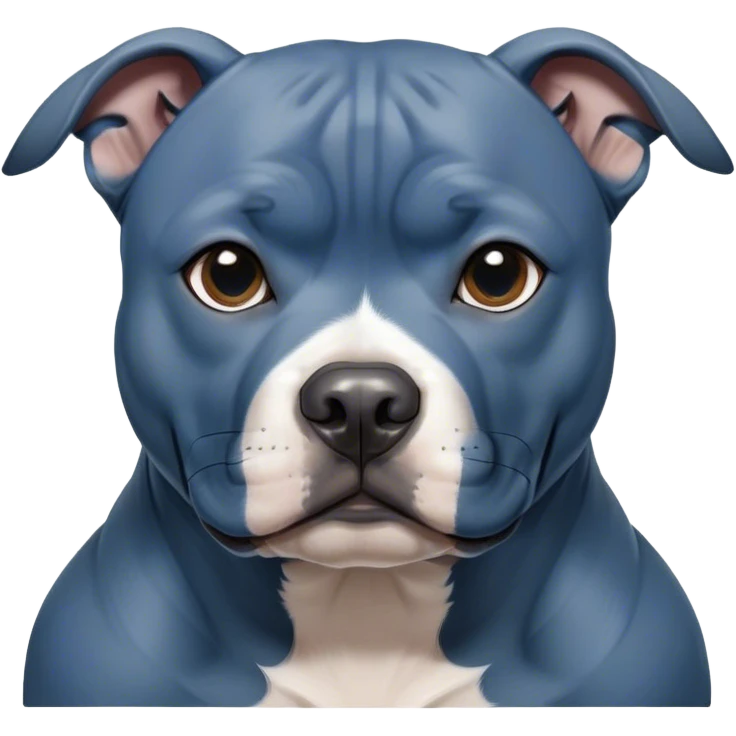 Cinematic Noble Blue Staffordshire Bull Terrier Portrait Emoji, Poised and regal, with a compact, muscular build and a sleek, well-groomed blue Fur, deep-set soulful dark eyes, Simplified yet sharp and sophisticated features, highly detailed, glowing with a soft, dignified glow, high shine, intelligent and loyal, stylized with an air of strength, focused and attentive, soft glowing outline, capturing the essence of a watchful and confident guardian, so majestic it feels as though it could stride out of the screen with effortless authority! emoji
