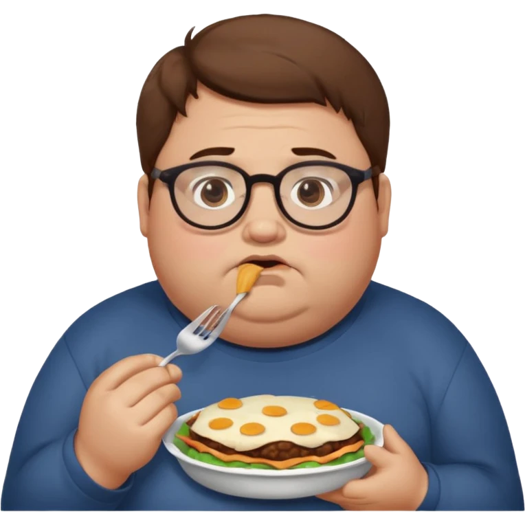 Fat sad guy with brown hair and glasses eating food emoji