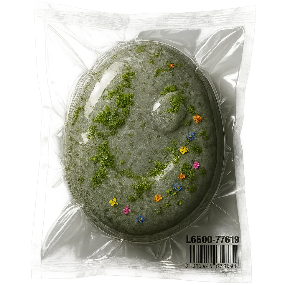 smooth light gray stone with patches of moss and scattered small colorful flowers, glossy emoji