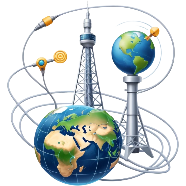 An icon featuring a communication tower with signal waves, satellites in orbit, and fiber optic cables. The design includes a smartphone and an earth with connection lines, symbolizing global communication networks. Transparent background  emoji