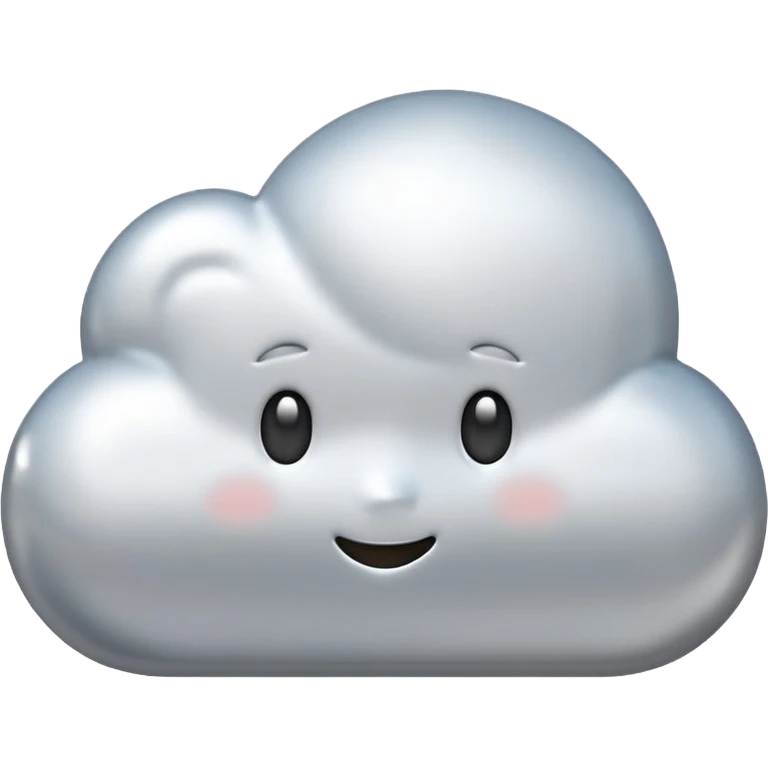A cute cloud emoji made of silver chrome, smooth rounded shape, glossy metallic surface, soft reflections, minimal and friendly design, iOS emoji style, centered, clean white background, soft lighting emoji