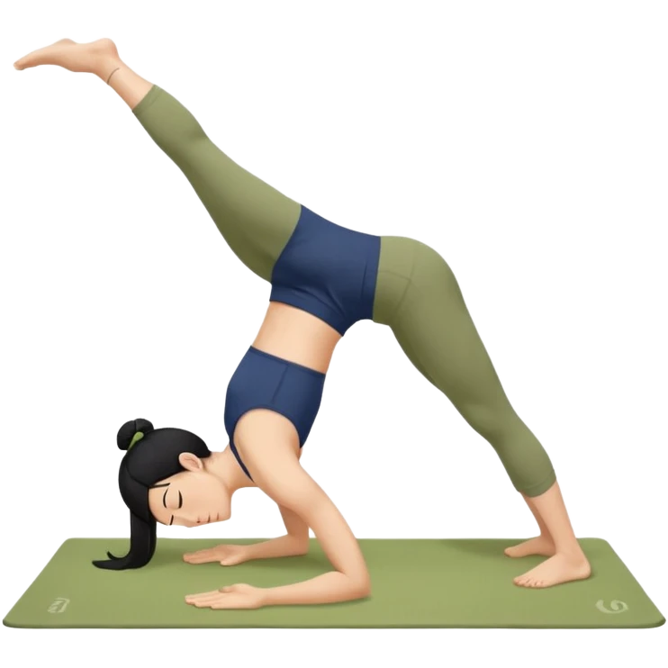 키는 작은편이고 앞머리 없는 단발머리야. 옆머리는 있고 요가를 좋아해. 남색 홀터넥을 많이 입고 민트색 요가바지를 자주 입어. 머리색은 검정색이고 하타요가를 좋아해. 바지색은 연한 연두색이고 요가매트는 카키색이야. 머리서기를 하고 있어 emoji