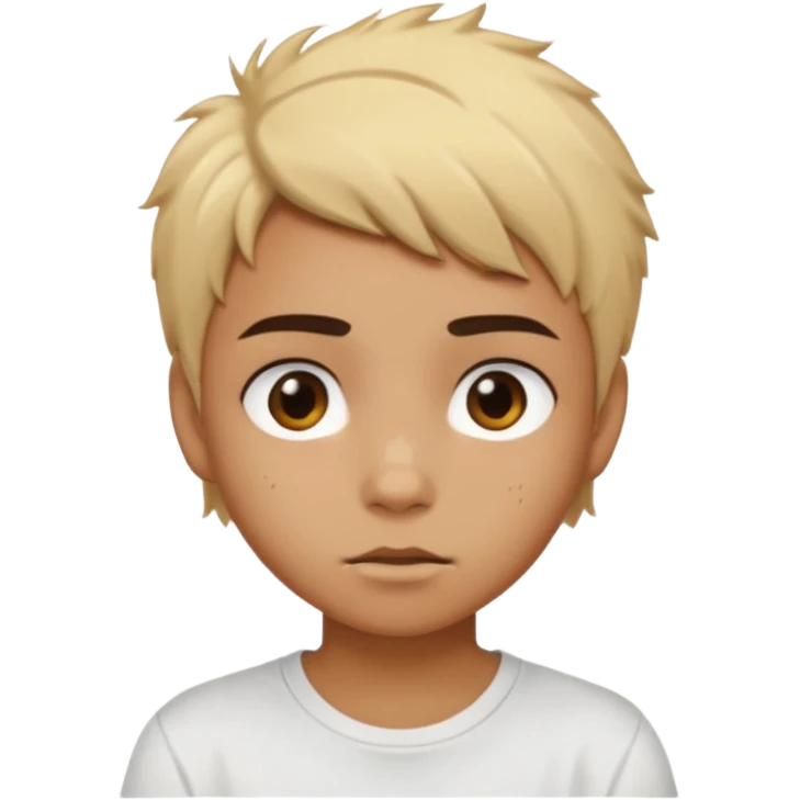 caramel skin color. Teen age. Short buzz, messy blonde hair, dark brown bushy eyebrows large expressive golden-brown eyes, brown skin color, scar over nose, wearing a plain white t-shirt. emoji