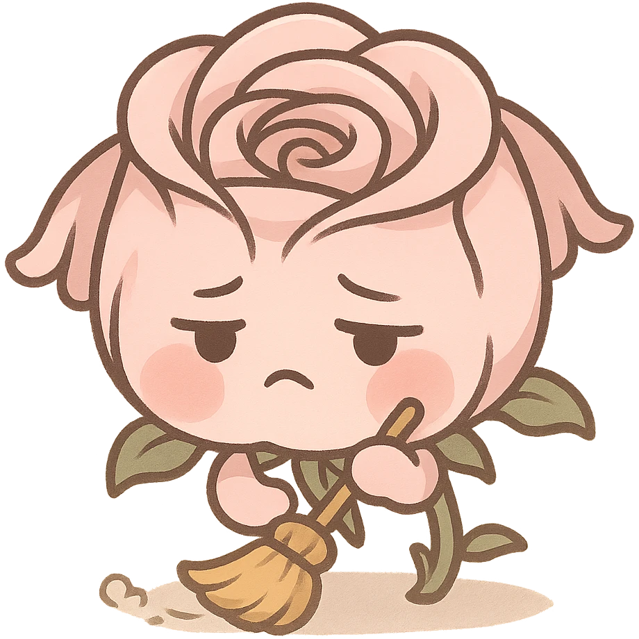 soft pink rose flower with puffed cheeks, sweeping the floor, exhausted eyes, drooping petals, pastel tones, chibi round shape emoji