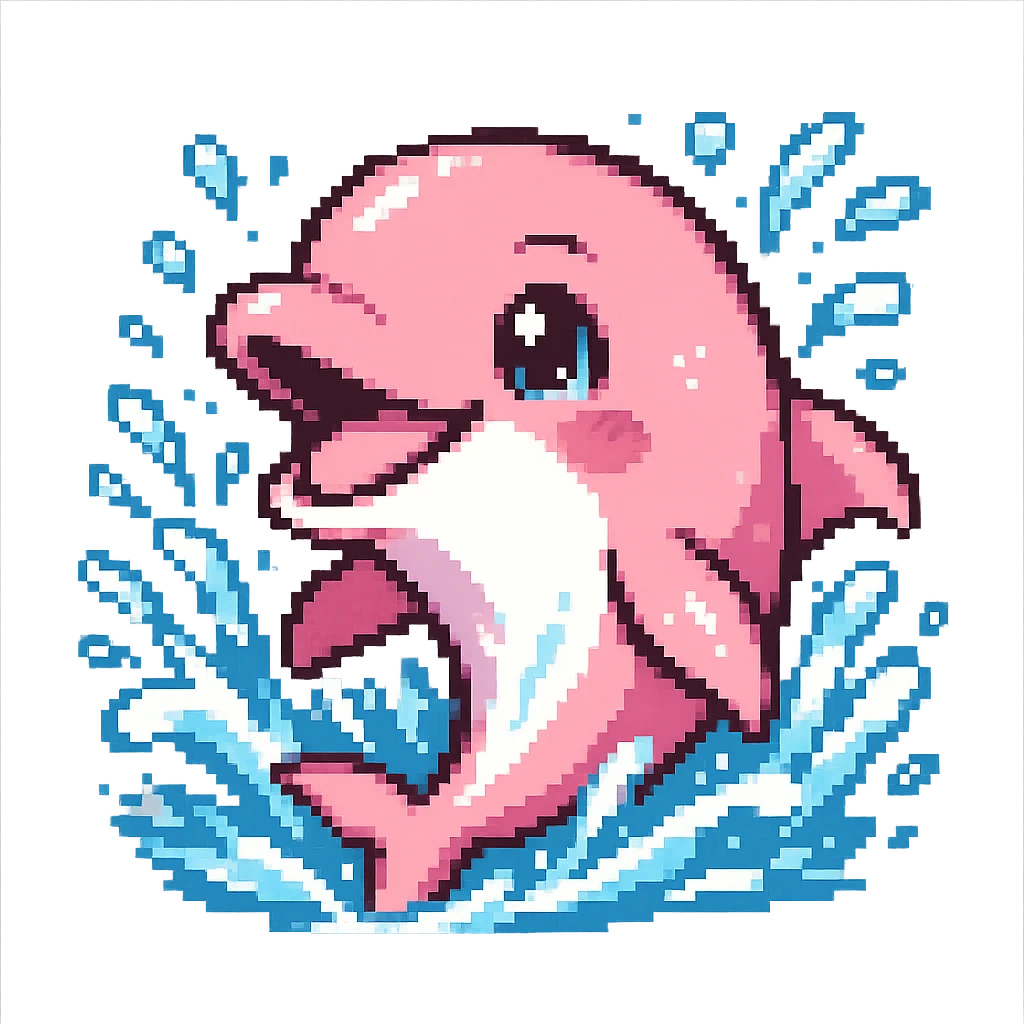 smiling pink dolphin gliding through water, energetic splash, anime style, transparent background, 128x128 pixels emoji
