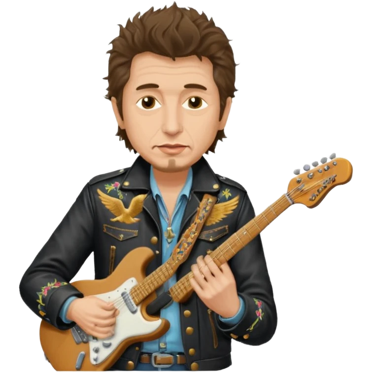 realistic cinematic bob dylan, unshaven and long haired, in a motor jacket embroidered with bronze cranes, plays an electric guitar emoji