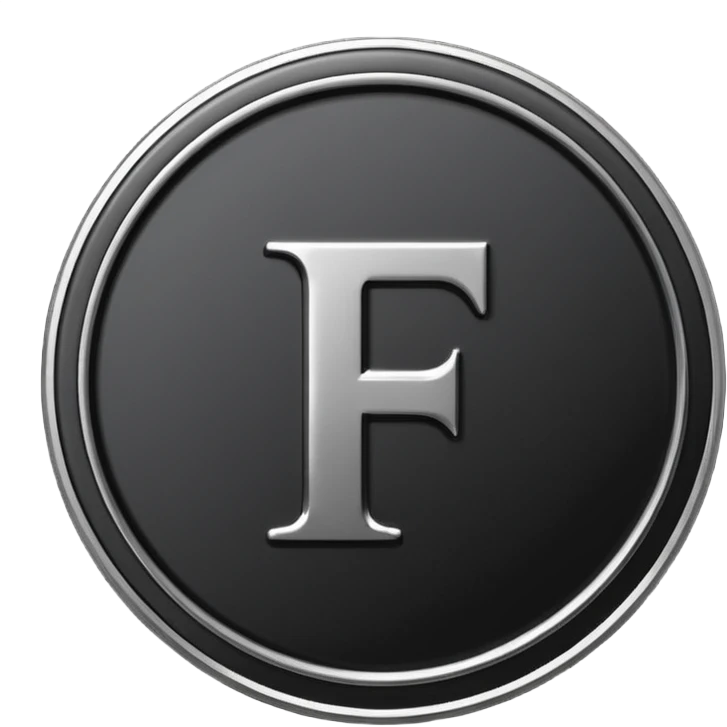 Emoji icon of a black coin with engraved letter F, minimalist style, isolated, no color emoji