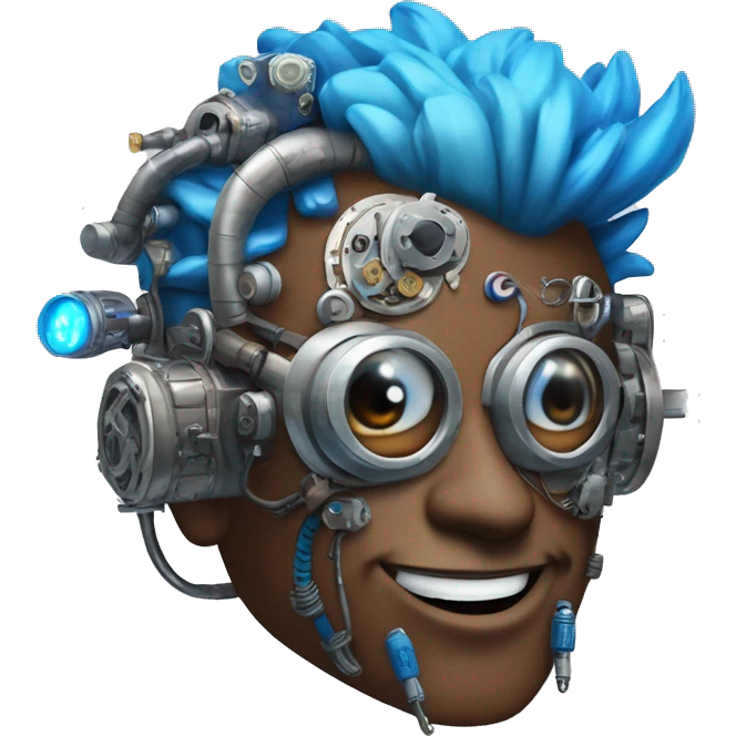 Brown cyborg head with blue Mohawk, blue beard, silver steampunk monocle goggles a smile and circuits emoji