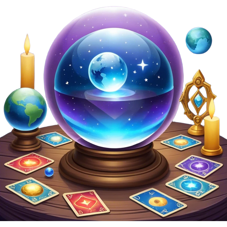 a mystical icon featuring a crystal ball (fortune-telling sphere) on a table with tarot cards scattered around. Surround the scene with planets, stars, and zodiac signs. The design is vibrant, magical, and evoke a sense of mystery and spirituality, with glowing effects and a cosmic atmosphere. emoji