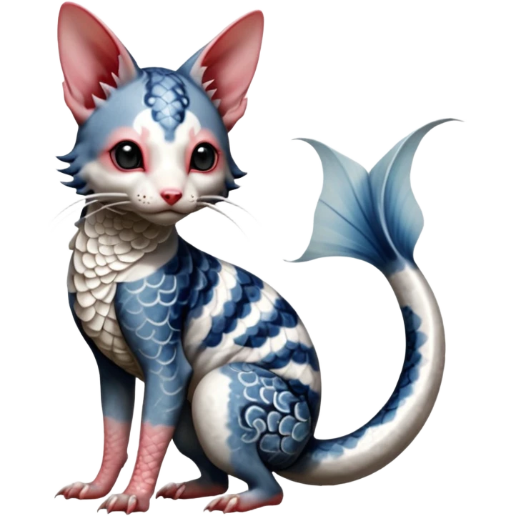 Hyper-realistic cute Japanese oriental Asian Edgy badass swimmy wet painted intricate ornate Japanese Asian koi-Minccino-Lykoi-Emolga-Sphynx-Linoone-Zangoose-fusion-hybrid-animal-Fakémon-creature, full body, thin long sleek scaly tail, intricate markings emoji